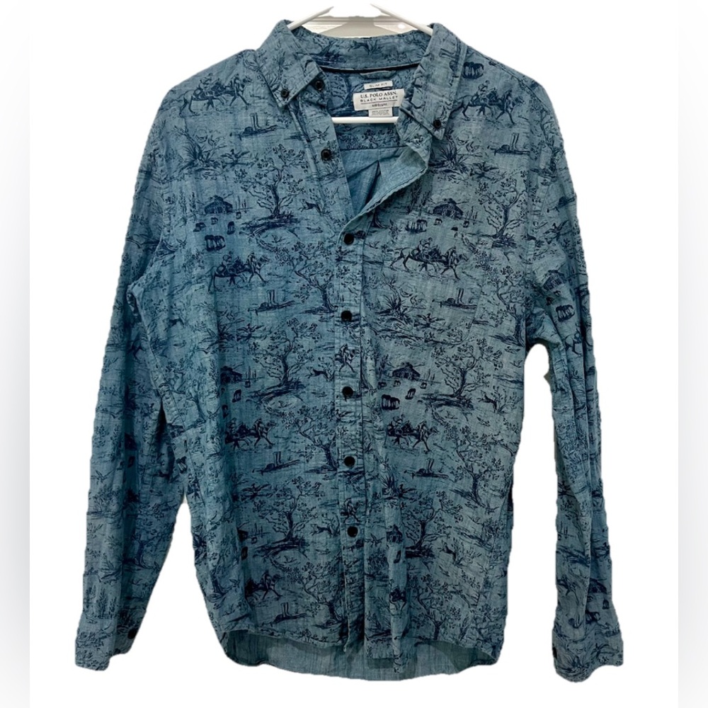 POLO Mens LONG SLEEVE SHIRT Blue Riding Print M Slim Black Mallet